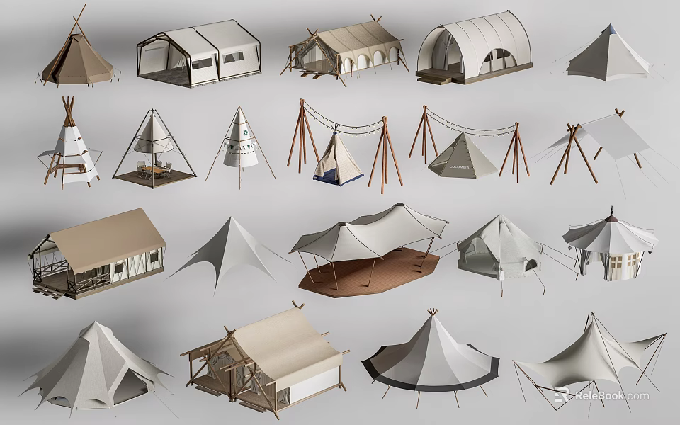 Various Styles of Tents Featuring Traditional and Modern Camping Design Elements 3d model 