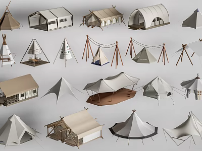 Various Styles of Tents Featuring Traditional and Modern Camping Design Elements 3d model