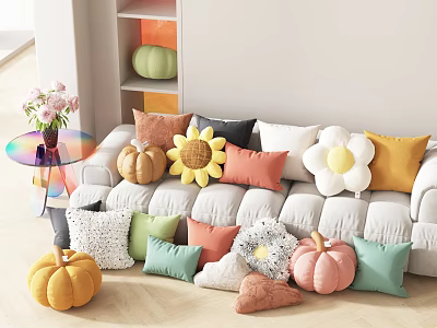 Colorful Decorative Throw Pillows On Sofa With Flower And Pumpkin Shapes In Various Hues 3d model