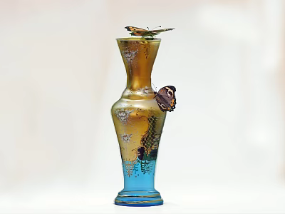 Glossy Decorative Ceramic Vase With Gold Blue Gradient And Butterflies On White Background 3d model