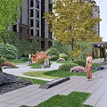 Modern Residential Garden Landscape With High Rise Building Stone Path Green Plants And Rockery Stones