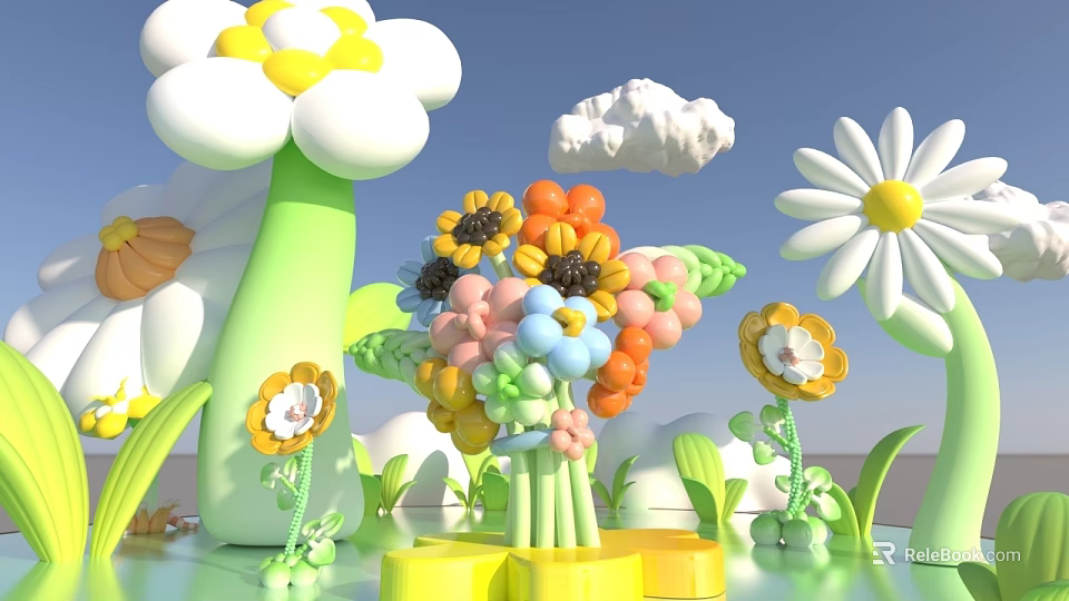 Colorful Flower Bouquet Display Commercial Equipment With 3D Cartoon Flower Shapes And Blue Sky 3d model 