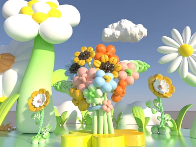 Colorful Flower Bouquet Display Commercial Equipment With 3D Cartoon Flower Shapes And Blue Sky 3d model