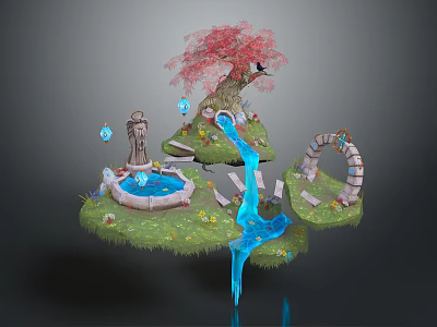 Whimsical Garden Ornament Design With Red Maple Tree Stone Fountain Blue Stream And Arched Bridge 3d model