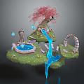 Whimsical Garden Ornament Design With Red Maple Tree Stone Fountain Blue Stream And Arched Bridge