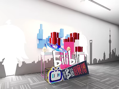 Bilibili Themed Photo Spot With Colorful Blocks TV Shaped Structure And Shanghai Skyline 3d model