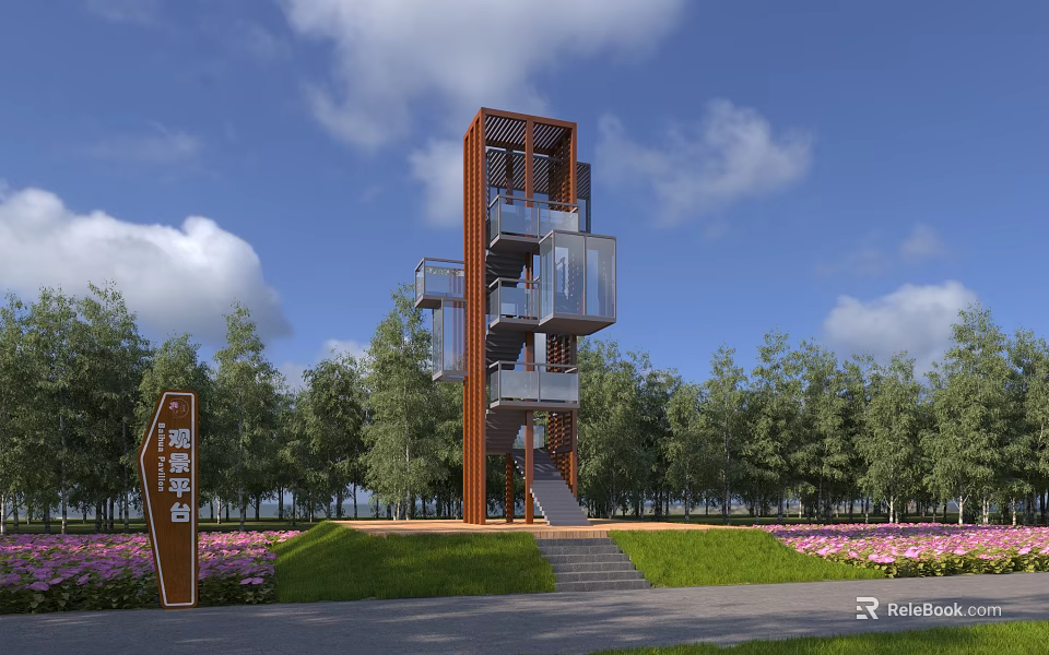Modern Observation Platform With Orange Structure Glass Railings Green Trees And Pink Flower Beds 3d model 