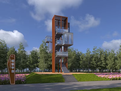 Modern Observation Platform With Orange Structure Glass Railings Green Trees And Pink Flower Beds 3d model
