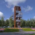 Modern Observation Platform With Orange Structure Glass Railings Green Trees And Pink Flower Beds