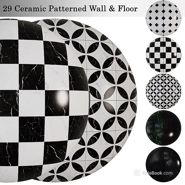 Black And White Marble Decorative Components Featuring Checkerboard And Circular Patterns 3d model