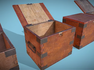 Vintage Wooden Commercial Storage Chests With Open Lids And Metal Corners 3d model