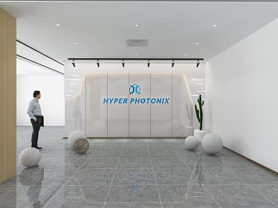 Modern Hotel Lobby With HYPER PHOTONIX Logo Decorative Balls Cactus And Reflective Floor 3d model