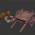 Rustic Wooden Cart With Red Pottery Jars And Small Decorative Items
