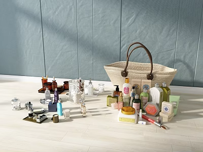 Bathroom Ensemble With Various Toiletries Bottles Jars and Wicker Basket on Light Colored Floor 3d model