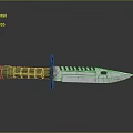 Tactical Knife With Green Textured Handle And Serrated Metal Blade On Gray Background
