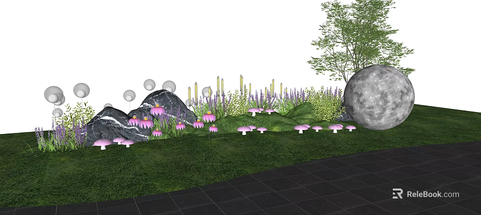 Outdoor Lights In Garden With Green Grass Purple Flowers Stones And Trees 3d model 