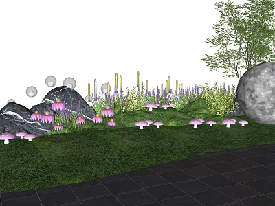 Outdoor Lights In Garden With Green Grass Purple Flowers Stones And Trees 3d model