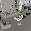 Modern Beige Sofa And White Coffee Table Set With Cushions Books Plant And Large Windows