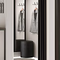 Modern Clothing Store Fitting Rooms With Numbered Booths Mirrors Black Curtains And Clothes Racks