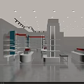 Modern Bright Specialty Store Interior Design With White Display Shelves Blue Accents And Ceiling Lighting