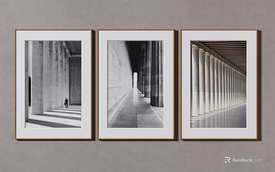 Framed Black And White Architectural Photographs With Columns Corridor And Light Shadow 3d model 