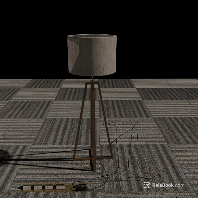 Modern Floor Lamp With Wooden Tripod Base And Fabric Shade On Striped Carpet 3d model 
