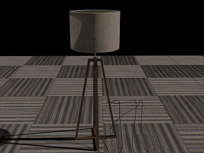 Modern Floor Lamp With Wooden Tripod Base And Fabric Shade On Striped Carpet 3d model