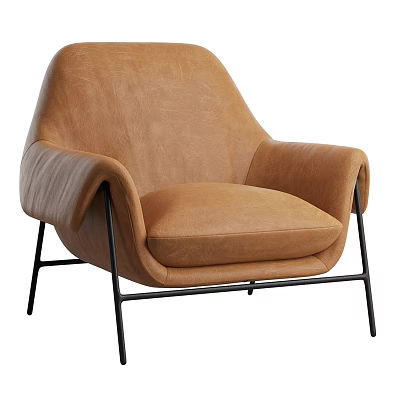 Modern Brown Leather Single Sofa With Curved Backrest And Black Metal Legs 3d model