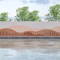 Modern Landscape Wall With Wavy Linear Elements Green Trees And Water Reflection 3d model