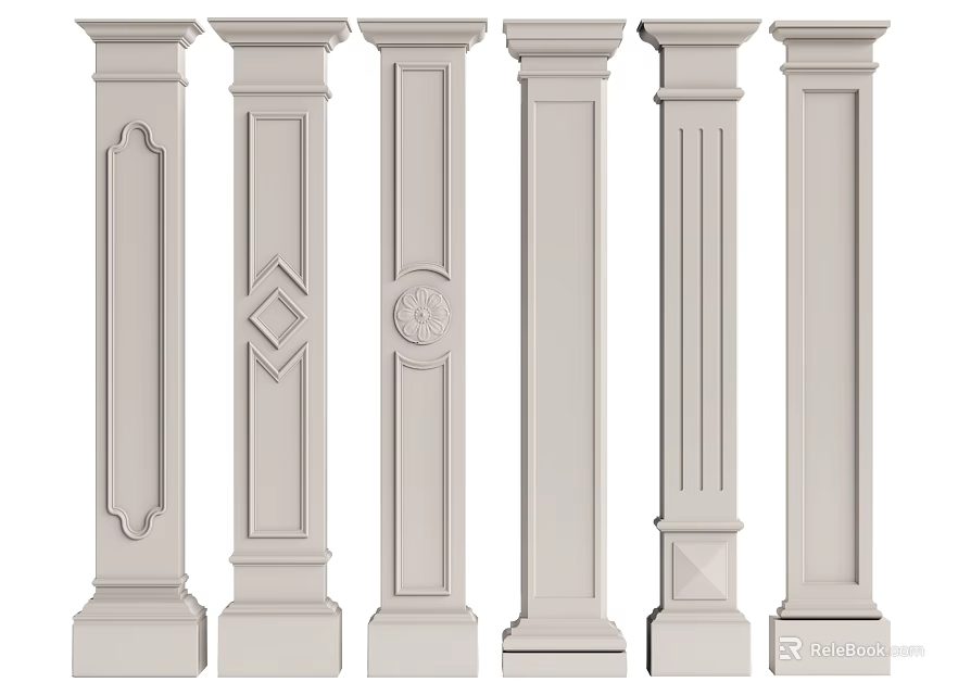 White Decorative Roman Columns With Various Carved Patterns For Interior Design 3d model 