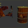 Red Industrial Barrels Damaged And Intact With Yellow Triangular Warning Signs
