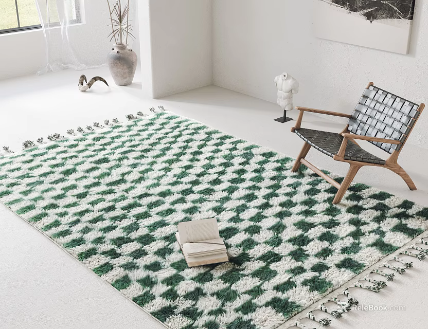 Square Rug With Green White Diamond Pattern In Bright Room 3d model 