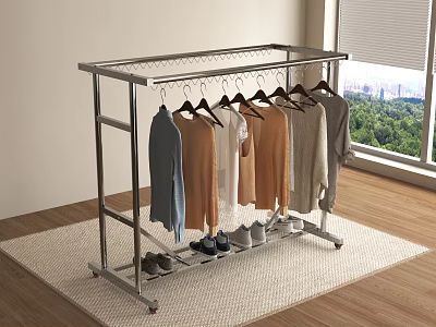 Stainless Steel Clothes Rack With Hanging Clothes And Shoes On Carpet In Room 3d model
