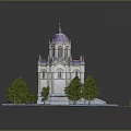 Cartoon Style Church Scene With Domed Roof Cross And Surrounding Trees On Square Base Platform