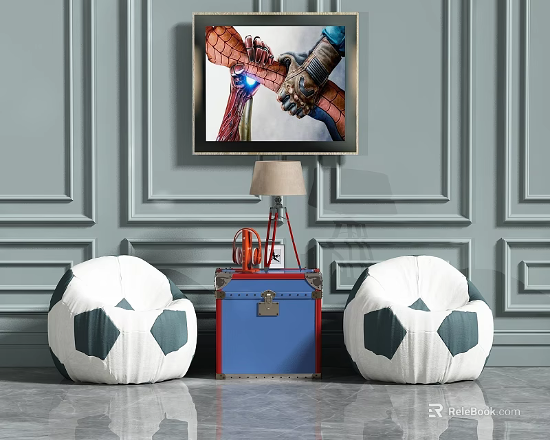 Casual Sofa Set with Soccer Shaped Chairs Blue Cabinet Table Lamp and Gray Striped Wall 3d model 
