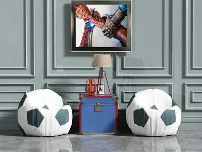 Casual Sofa Set with Soccer Shaped Chairs Blue Cabinet Table Lamp and Gray Striped Wall 3d model