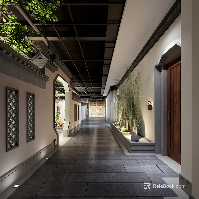 Modern Hotel Corridor Interior Design With Green Plants Lighting And Wooden Doors 3d model 