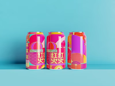 Three Vibrant Colorful Drink Cans With Pink Purple Orange Geometric Patterns On Blue Background 3d model