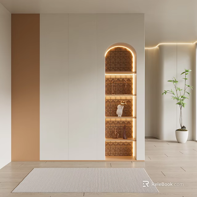 Modern Shoe Cabinet with Arched Top Built-in Lighting and Decorative Lattice Shelves in Minimalist Entryway 3d model 