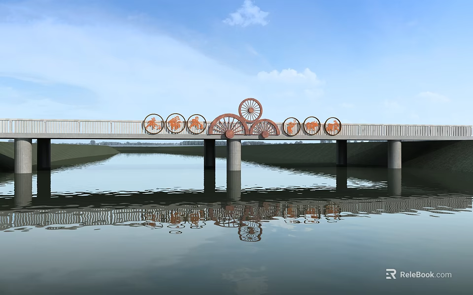 Bridge With Circular Wheel Shaped Decorations Over Water And Blue Sky Reflection 3d model