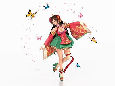 Game Movie Character in Red Green Traditional Costume with Flower Accessories Butterflies Floating Petals 3d model