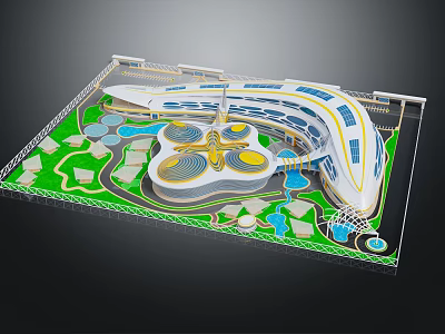 Modern Architectural Model With Curved Structure Yellow White Design Green Lawns Water Pools 3d model