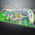 Modern Architectural Model With Curved Structure Yellow White Design Green Lawns Water Pools