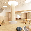 Kindergarten Interior Design With Wooden Walls Climbing Wall Round Balls And Arched Windows