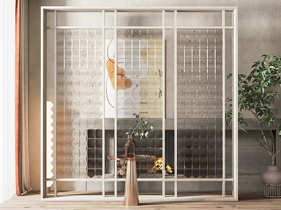 Modern Interior Metal Frame Partition With Glass Panels Fireplace Potted Plant And Vase Decor 3d model