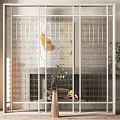 Modern Interior Metal Frame Partition With Glass Panels Fireplace Potted Plant And Vase Decor