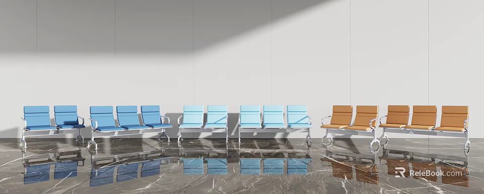 Blue and Orange Public Chairs Neatly Arranged in Waiting Area with Polished Floor 3d model 