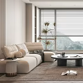 Modern Living Room Interior With Beige Sofa Coffee Table Floor To Ceiling Windows And Armchair