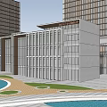 Modern Office Building Exterior With Tall Skyscrapers Open Plaza And Greenery