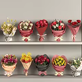 Colorful Flower Bouquets in Vases on Shelves for Home Decor with Various Wrappings